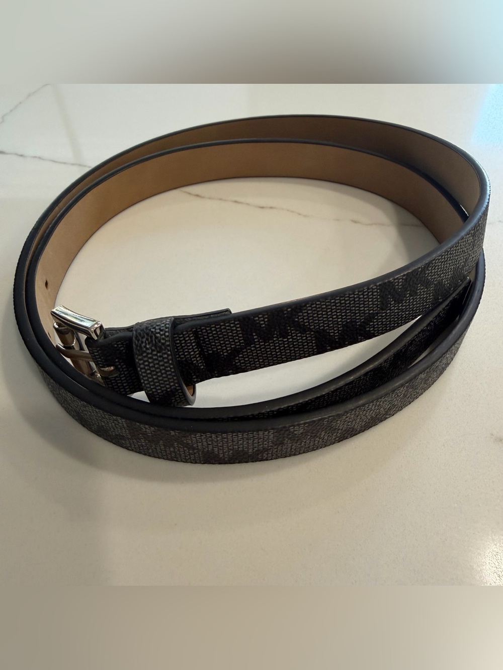Micahel Kors Black Patterned Leather Belt with Silver Buckle